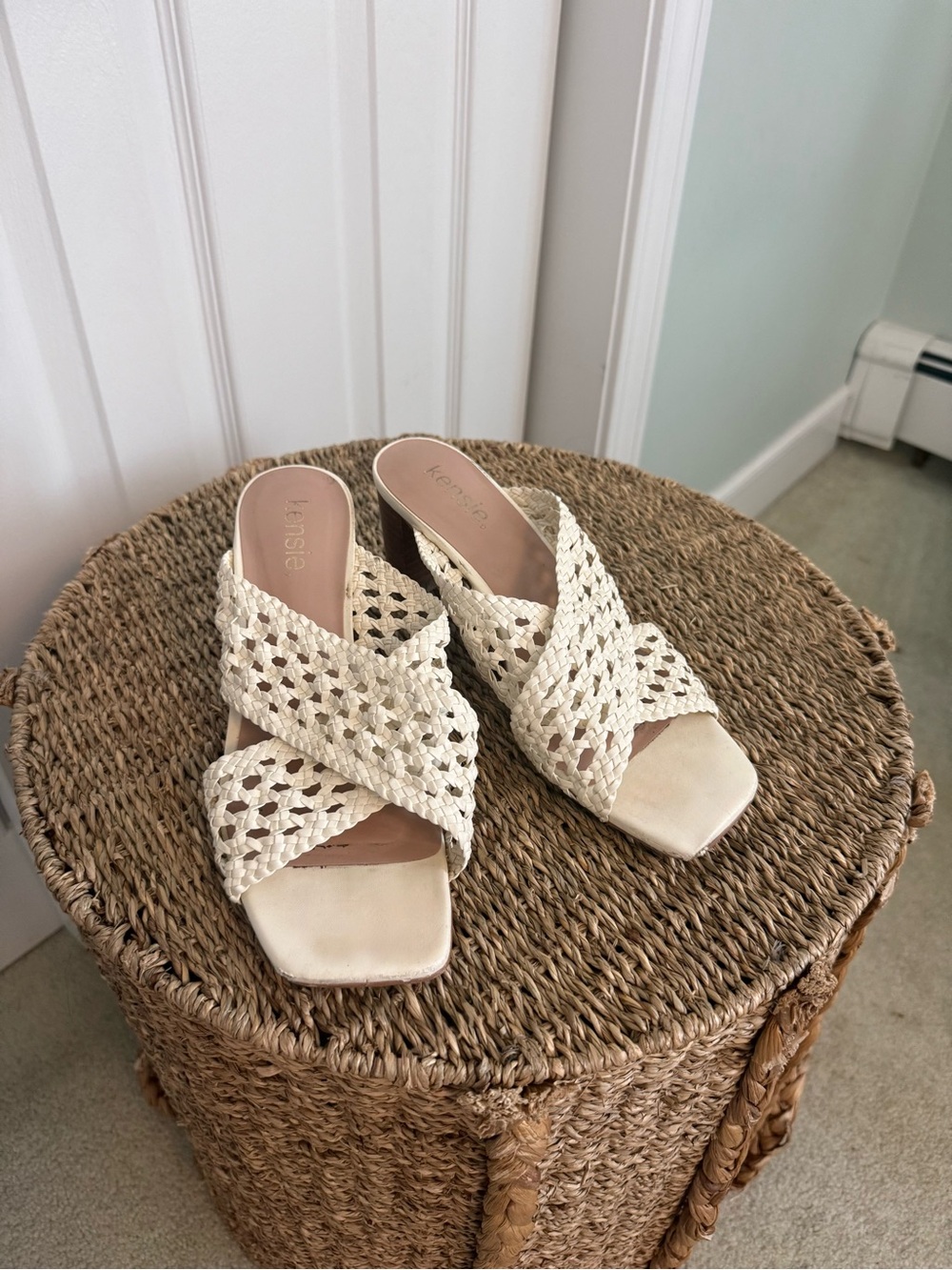 Kensie Ivory Woven Crisscross Slide Mules
